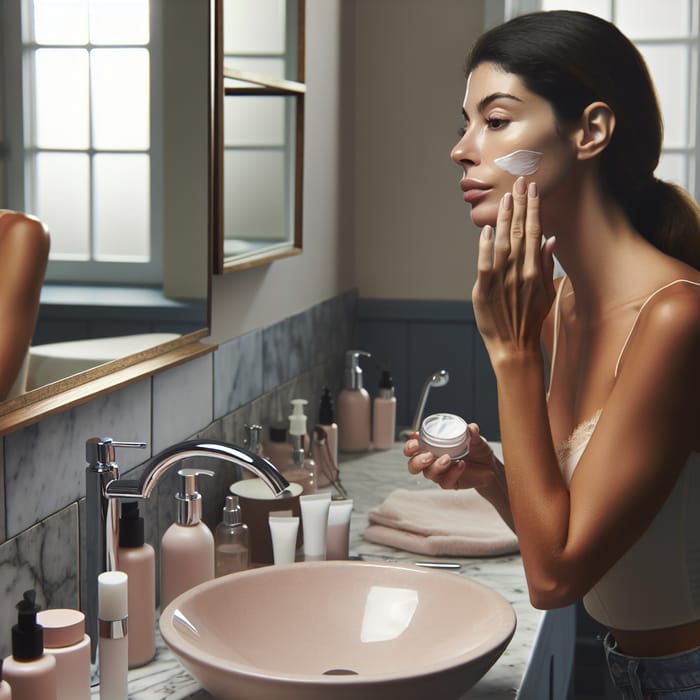 Hispanic Woman Applying Facial Cream in Bathroom | Skincare Routine