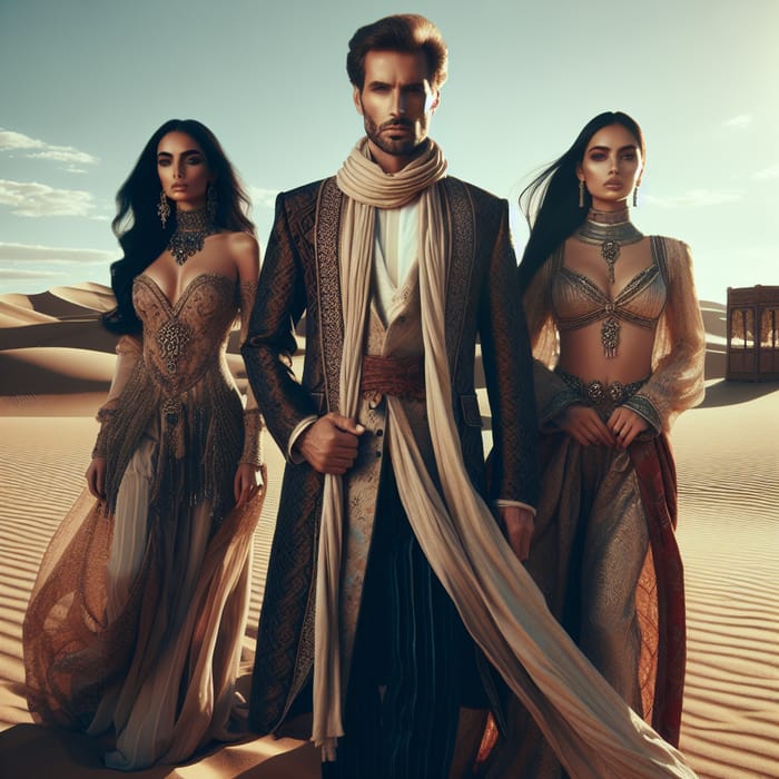 Rich Man with Two Women in Desert Landscape