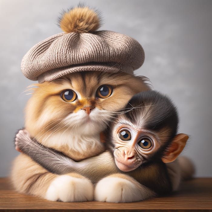 Cute Cat and Monkey Hugging - Adorable Animal Friendship