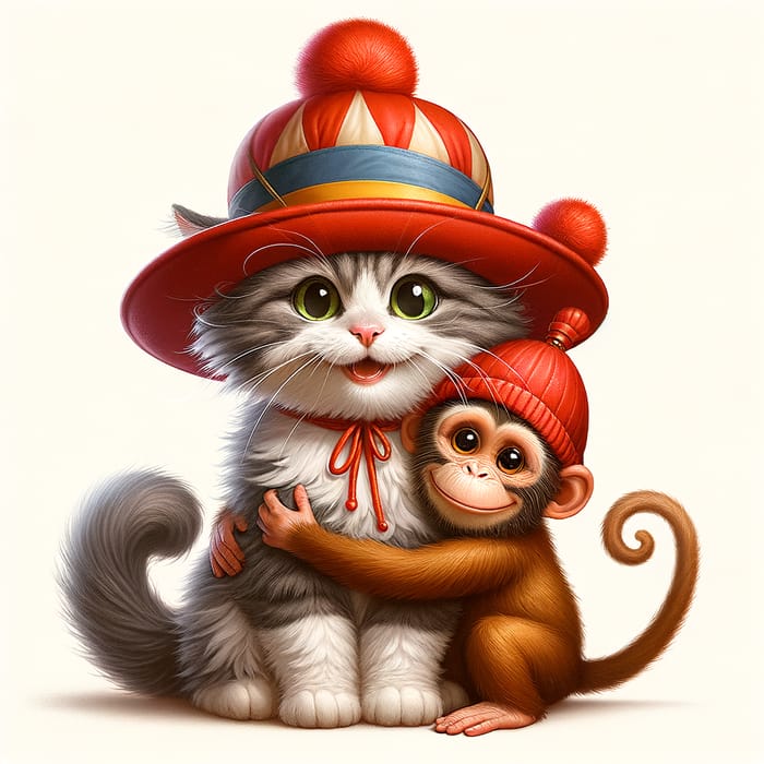 Playful Cat in Hat Hugging Monkey