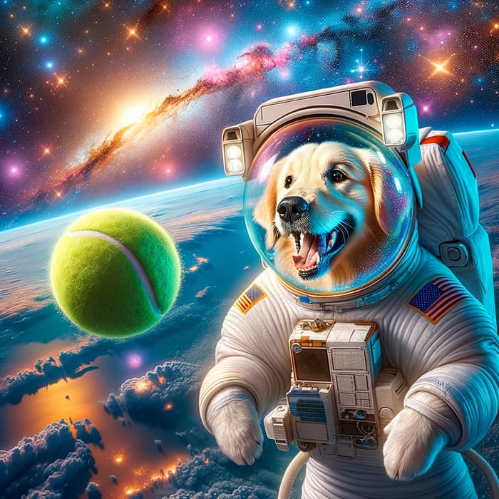 Dog in Space: Joyful Golden Retriever Astronaut Playfully Chasing Neon Ball
