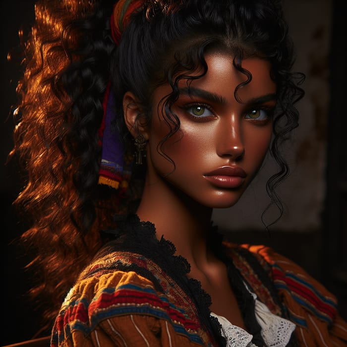 Vibrant Gipsy Girl with Tan Skin, Green Eyes, and Red Lips