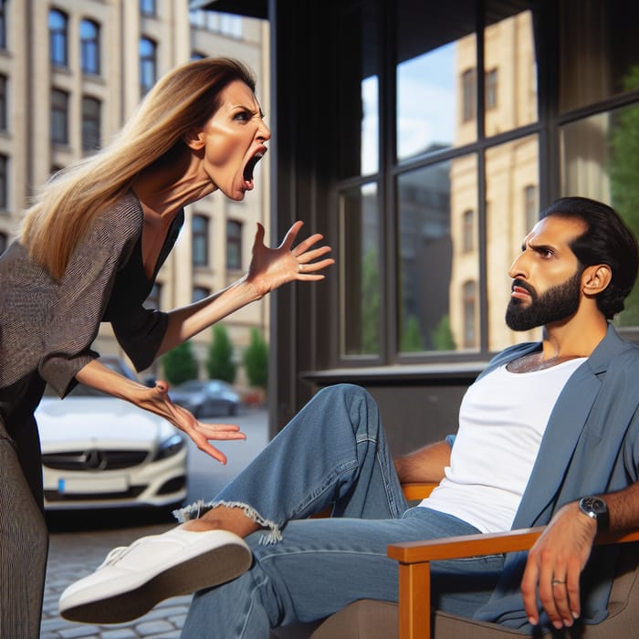 Caucasian Woman Yelling at Middle-Eastern Man in Urban Scene