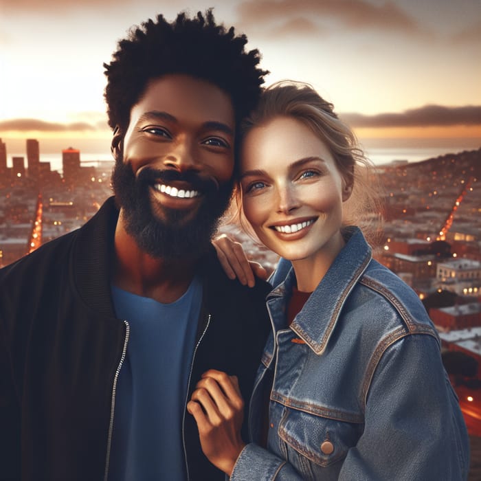 Cityscape Bliss: Smiling Couple at Sunset Overlooking Urban Skyline