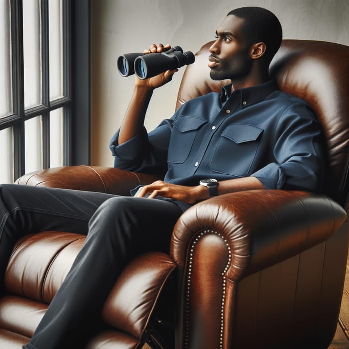 Stylish Black Man in Navy Blue Shirt looking out Window with Binoculars