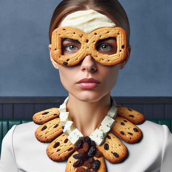 Corporate Superhero Woman Made of Ladyfinger with Raisin and Cottage Cheese Necklace