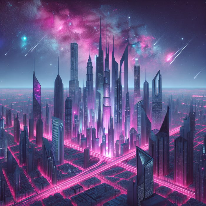 Neon Pink Futuristic City Skyline | Twilight Sky View