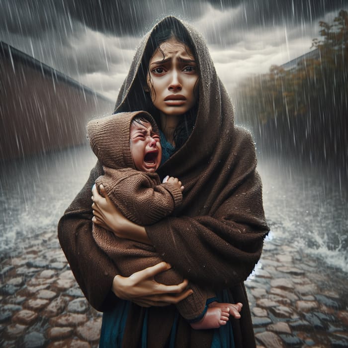 Mother Calmly Comforting Crying Baby Under Rain | Heartfelt Moment