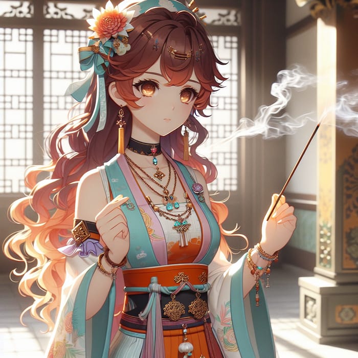 Tranquil Anime Girl With Smoking Incense Stick