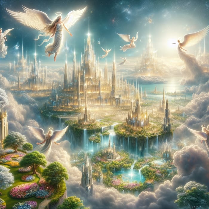Ethereal Heaven: Angelic Cityscape & Lush Gardens