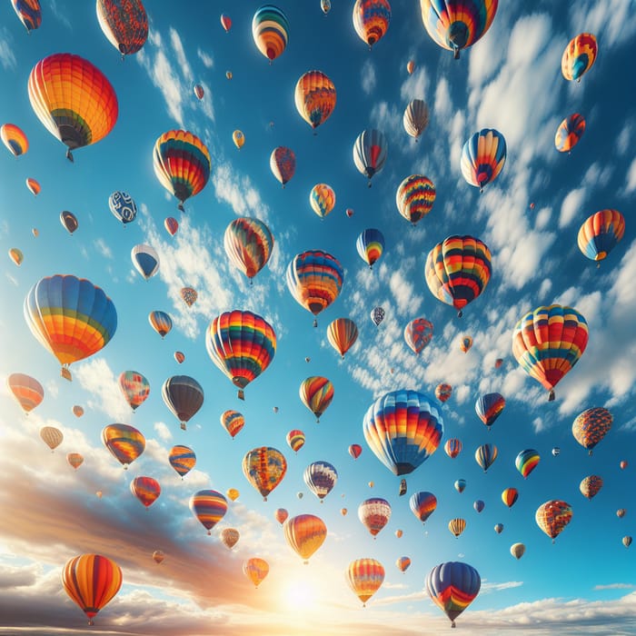 Colorful Hot Air Balloons Soaring in Blue Sky - Aerial Adventure