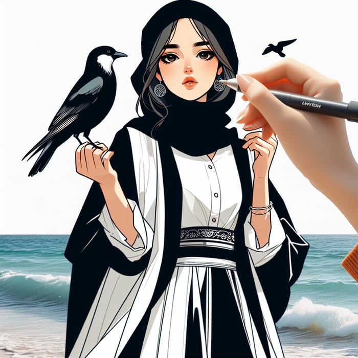 Girl By the Sea in Black and White Outfit with Bird