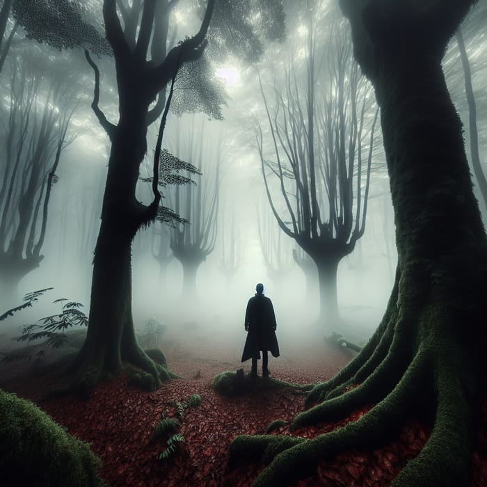 Enigmatic Figure Veiled in Misty Forest | Fantasy Scene