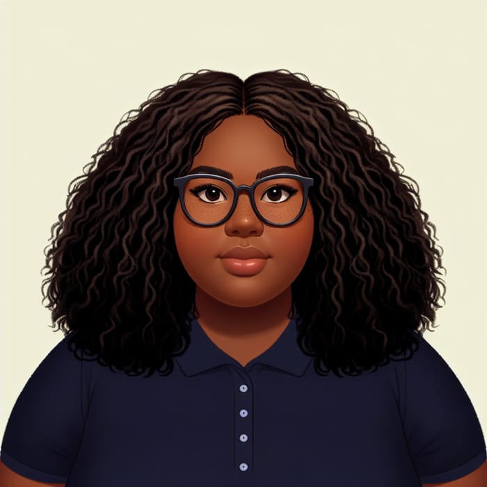 African Descent Plus Size Woman with Rectangular Glasses and Curly Waist-Length Hair