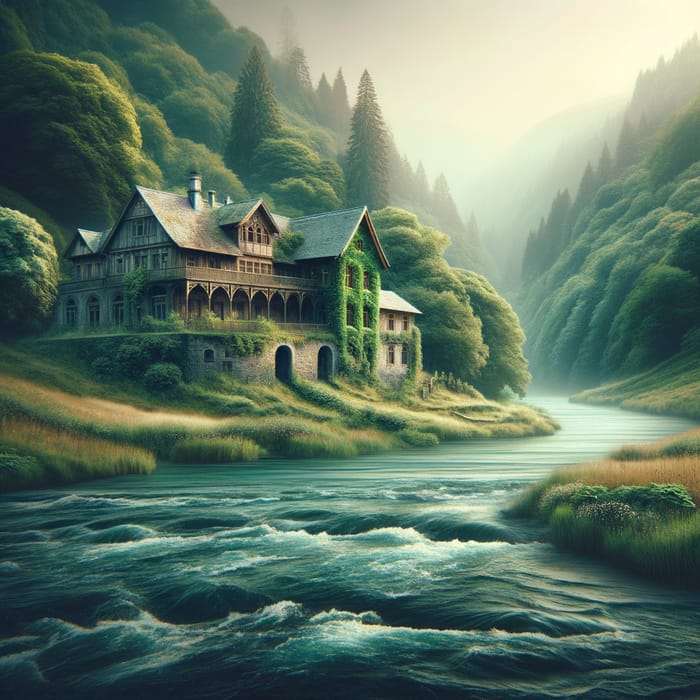 Vintage House River View with Green Trees