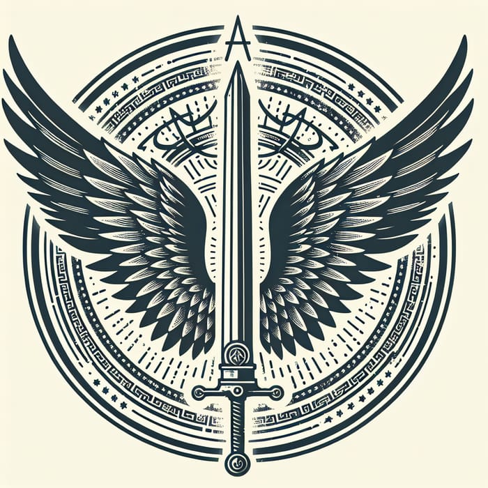 Guild Emblem with Vertical Sword and Angelic Wings in Watermark Style