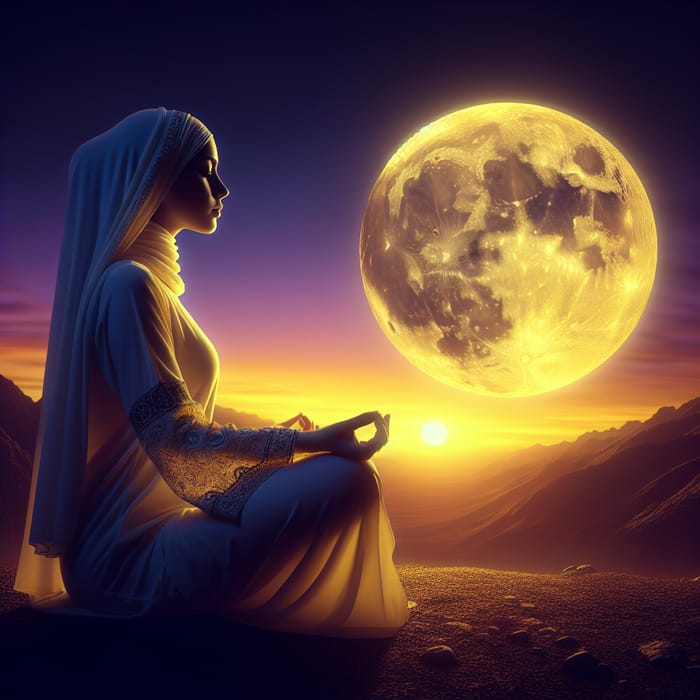 Serene Sunset with Bright Yellow Moon: Tranquil Meditation Connection