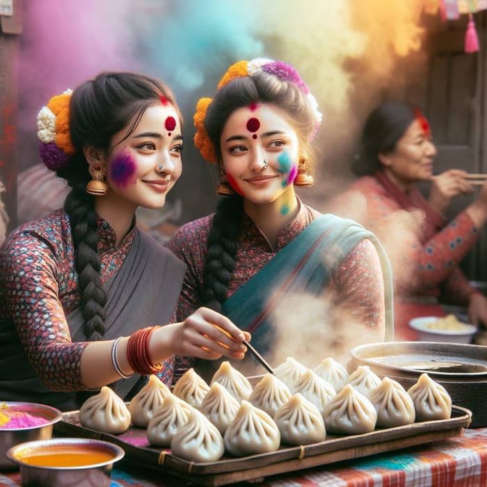 Authentic Nepali Women Selling Delicious MoMos at Holi Festival