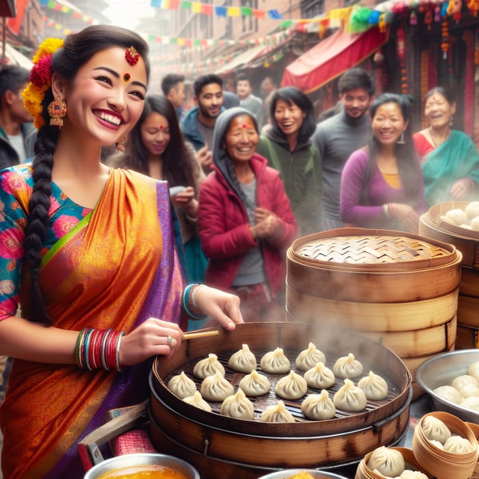 Vibrant Nepali Women Selling MoMo Dumplings