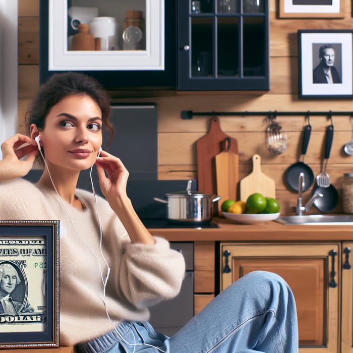 Charming Lady Enjoying Music in Cozy Kitchen with Unique Decor