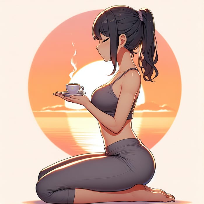 Anime-Style Illustration of Tranquil Yoga Meditation Pose with Coffee
