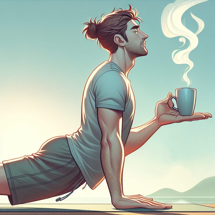 Morning Yoga Pose with Coffee: Animated Serenity in an Anime Style