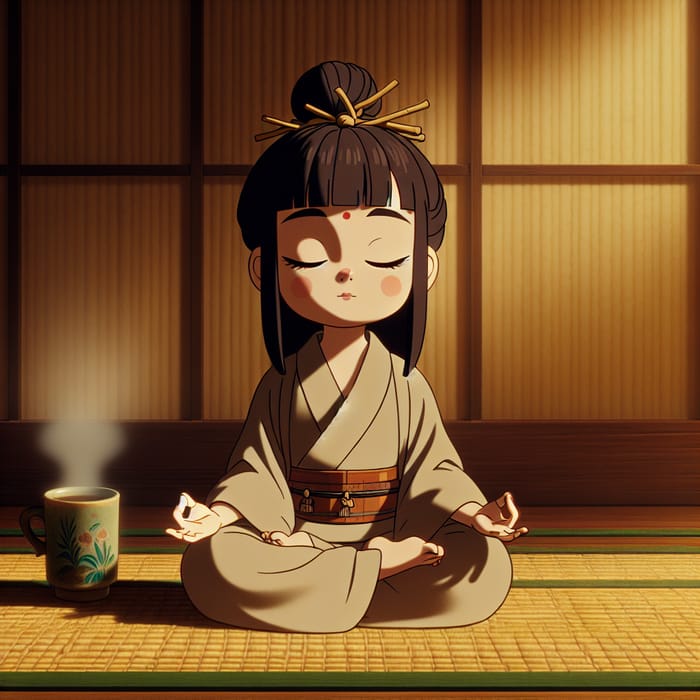 Anime Girl Yoga Meditation with Coffee - Serene Tranquility
