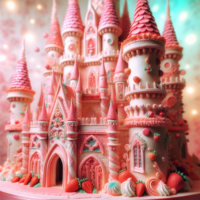 Whimsical Strawberry Cake Castle - Vibrant Pastel Delights
