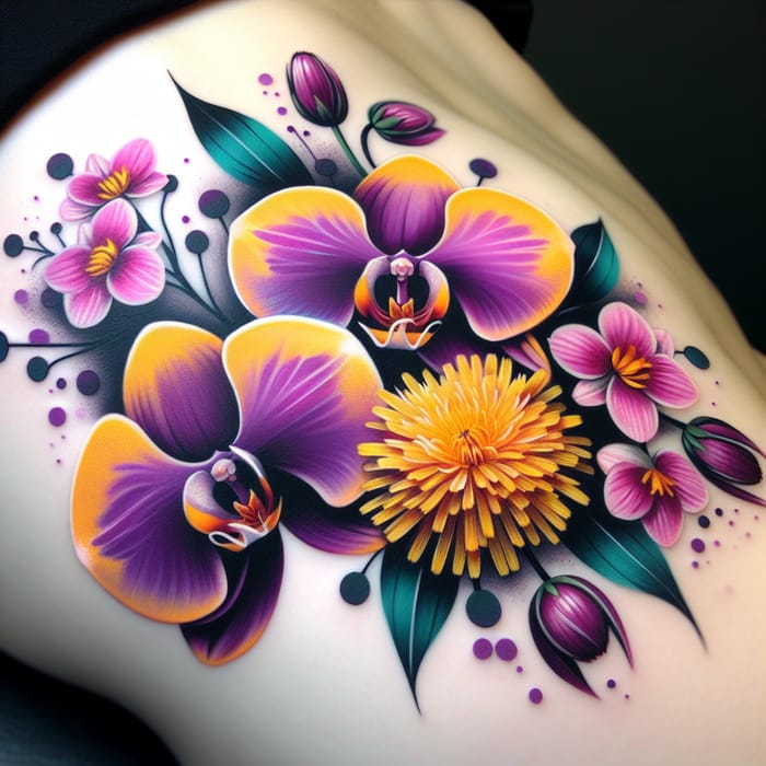 Vibrant Purple Orchids and Yellow Dandelions Acrylic Tattoo