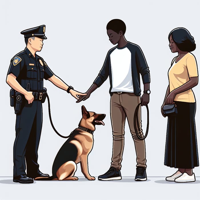 Police Dog and Officer with Girl and Mother, Vector Drawing