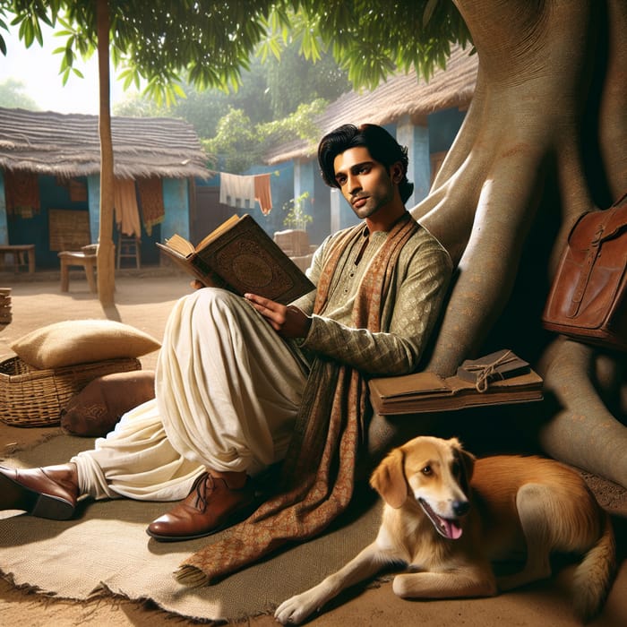 South Asian Male Character with Traditional Outfit and Dog in Countryside