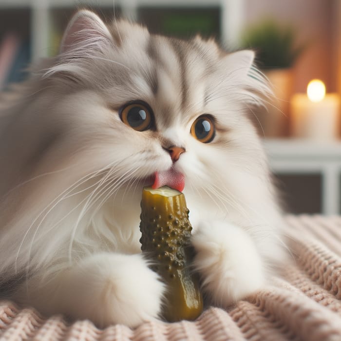 Fluffy Cat Eating Salty Pickle - Cute Cat Snacking on Pickle