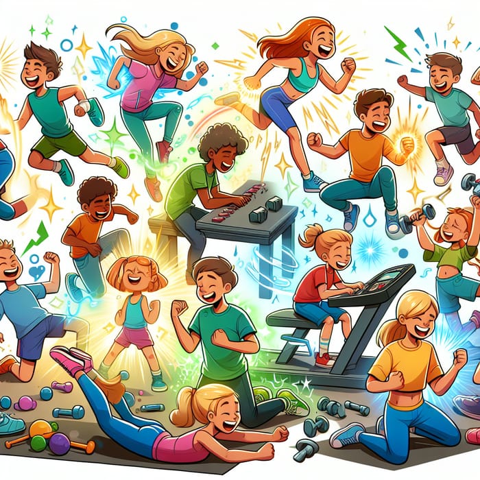 Energizing Kids Exercise: Fun and Magical Cartoon Scene