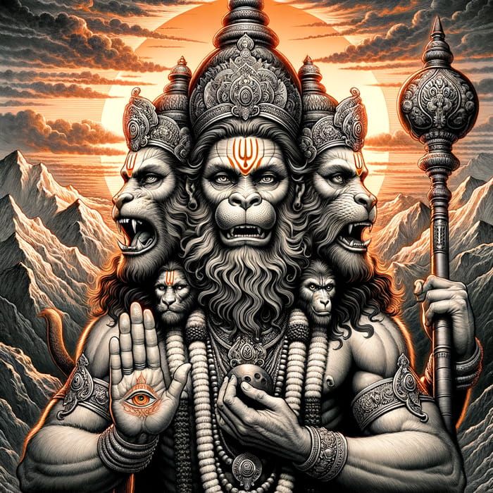 Majestic Panchamukha Hanuman Illustration | Divine Energy Art