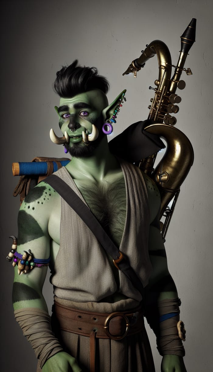 Colorful Half-Orc Entertainer with Unique Style and Musical Talent