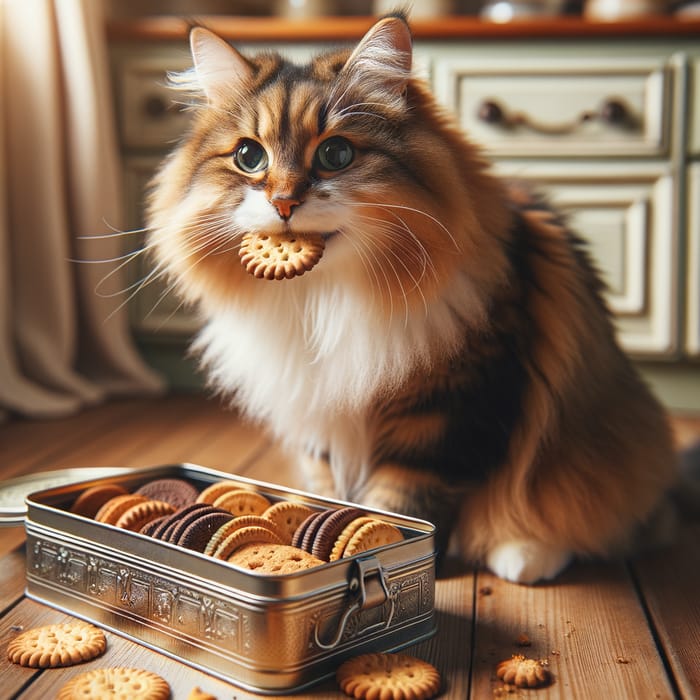 Cute Cat Snacking on Cookies in a Cozy Setting