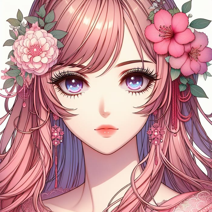 Intricate Anime Portrait of Female with Pink Hair and Flowers | 4k Digital Painting