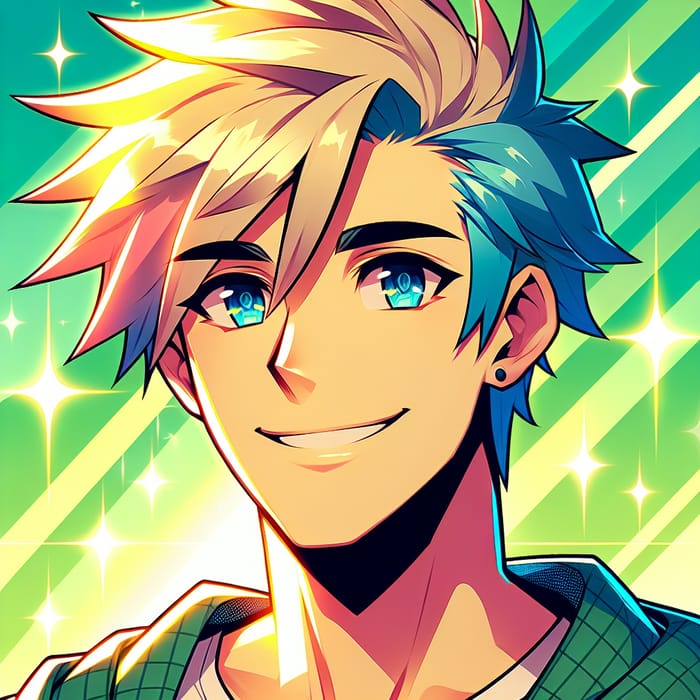 Friendly Male Anime Face with Spiky Hair | Vibrant Lighting