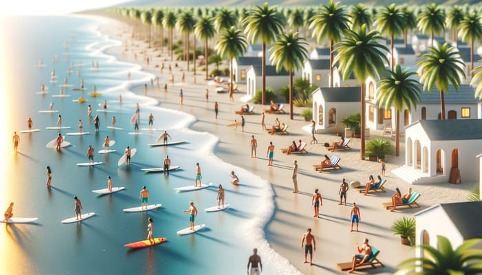 Diverse Surfers Enjoying Idyllic Beach Scene with Palm Trees and White Houses