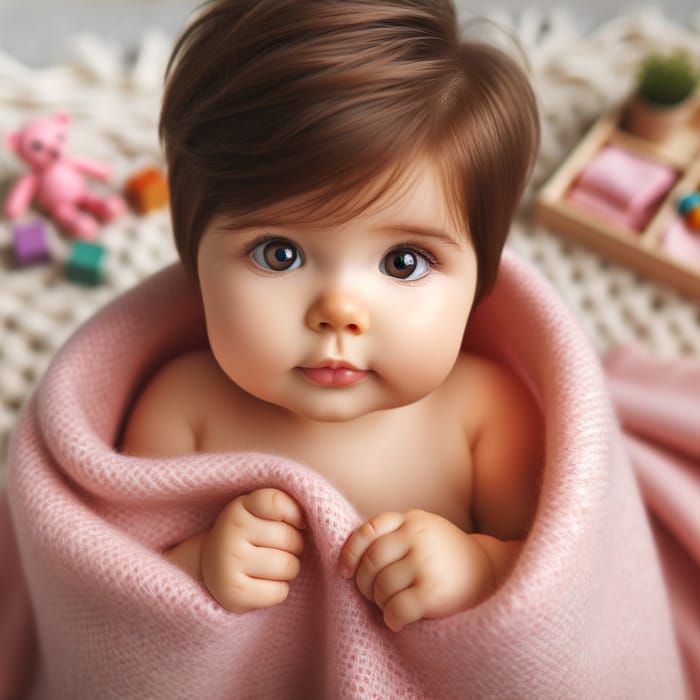 Cute Baby Girl in Pink Blanket with Toys