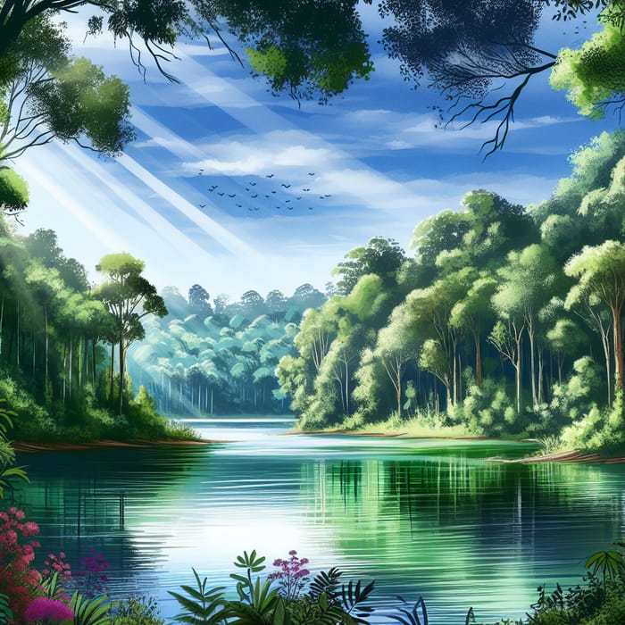 Tranquil Lake in Lush Forest - Captivating Nature Art