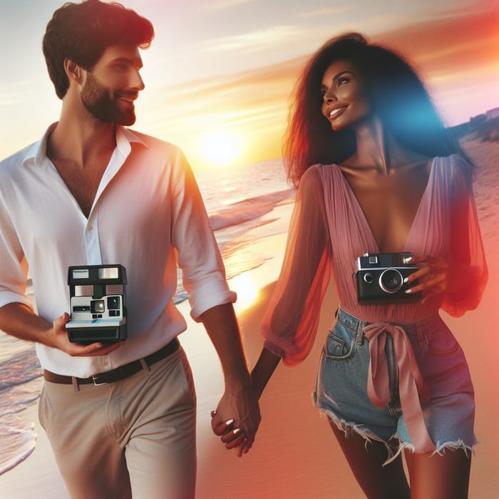 Interracial Couple's Romantic Beach Sunset Love Stroll