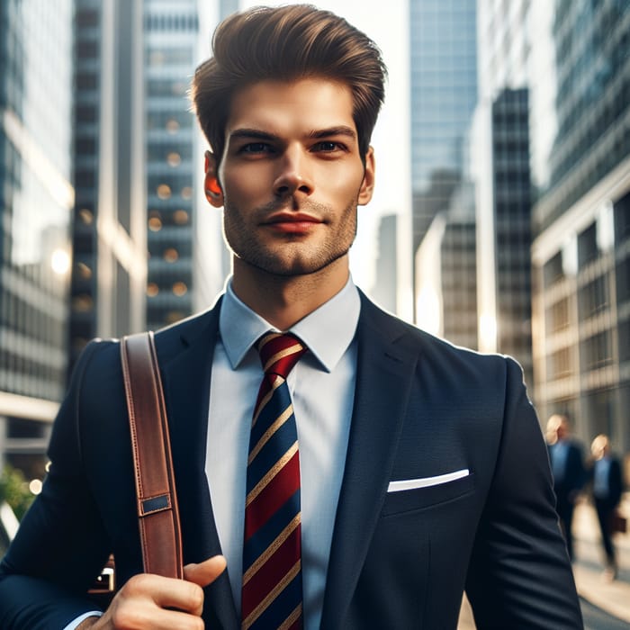 Confident Caucasian Businessman in Navy Blue Suit | Downtown Setting