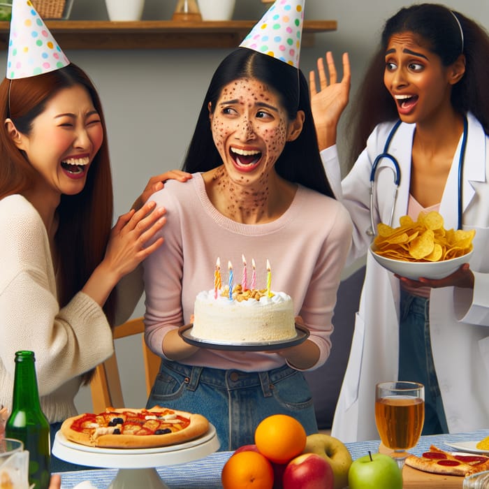 Colorful Birthday Party Scene with Cake, Pizza, Fruit & Drama
