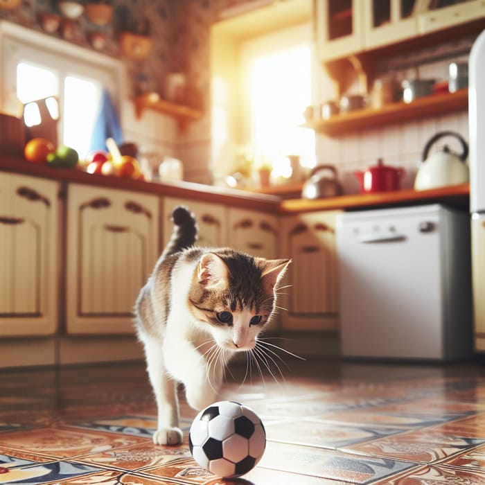 Cat Playing Football in Kitchen
