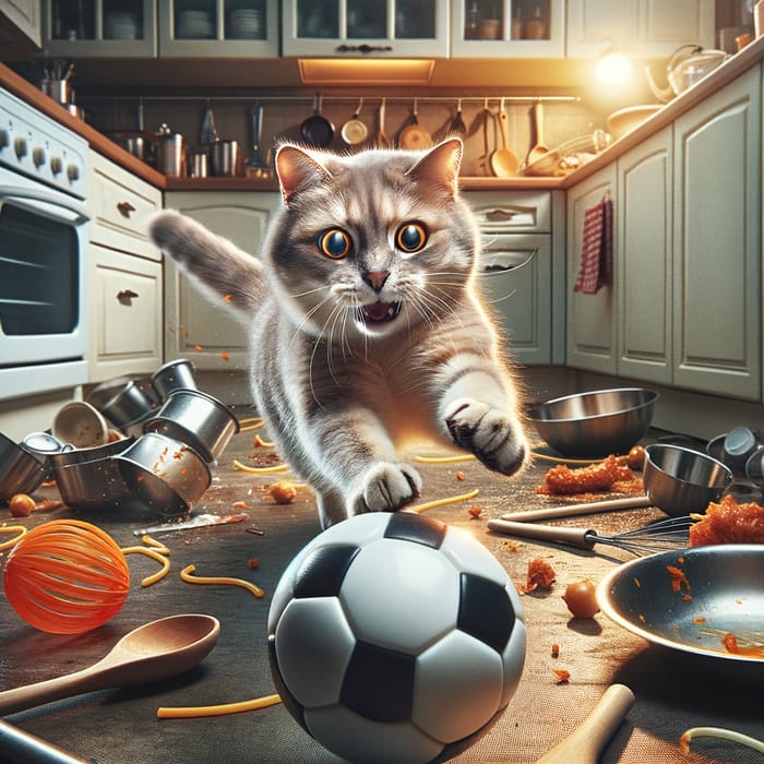 Playful Cat Playing Soccer in Kitchen