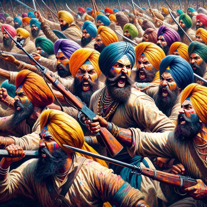 Intense Sikh Warriors Battle: Vibrant Colors, Expressive Movements