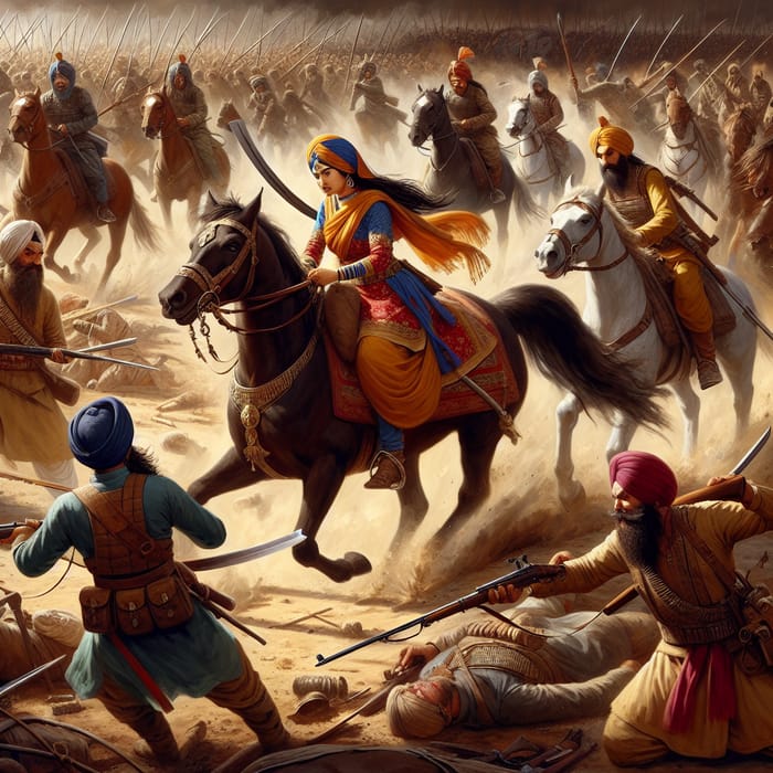 Sikh Warriors in Battle: Dramatic Scene of Chaos and Courage