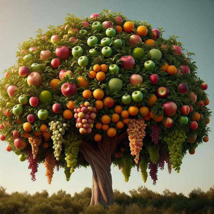 Diverse Fruit Tree: Apple, Pear, Orange, Grapes, Peaches