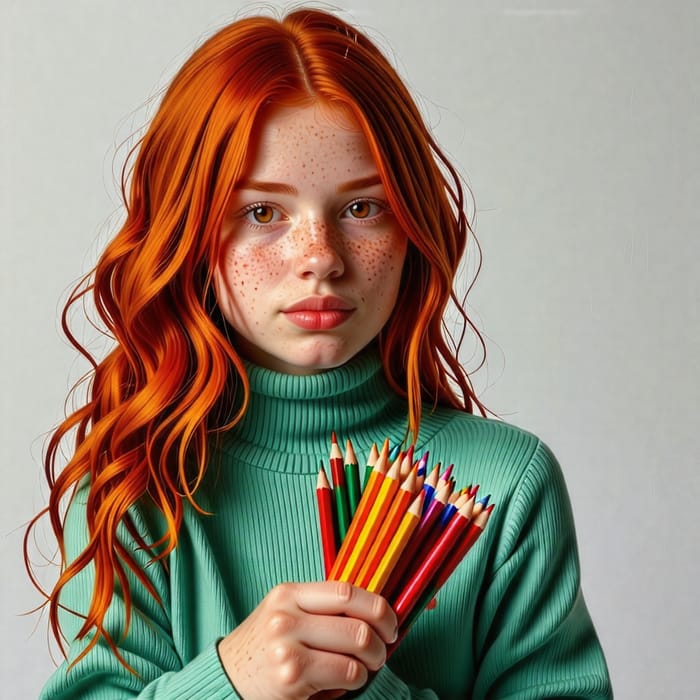 Detailed Digital Portrait of Young Girl with Red Hair and Freckled Skin